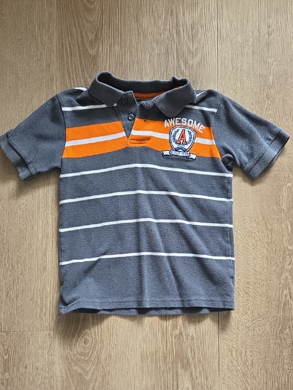 OshKosh B'gosh Grey & Orange Striped Polo with 'Awesome' Crest